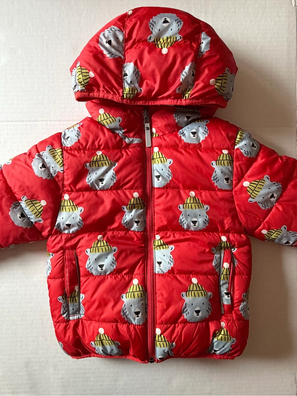 Hanna Andersson Reversible Bear Puffer Jacket Red Hooded 3T 90